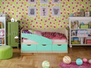 Кровать Бабочки 1,6*0,8м (Бирюза матовая, дуб беленый) 1