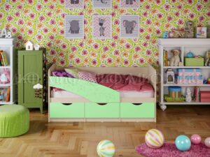 Кровать Бабочки 1,6*0,8м (Салатовый, дуб беленый) 1